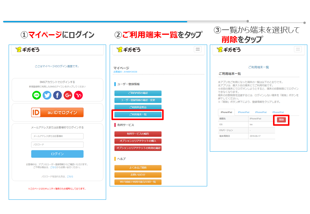 ①マイページにログイン　②ご利用端末一覧をタップ　③一覧から端末を選択して削除をタップ