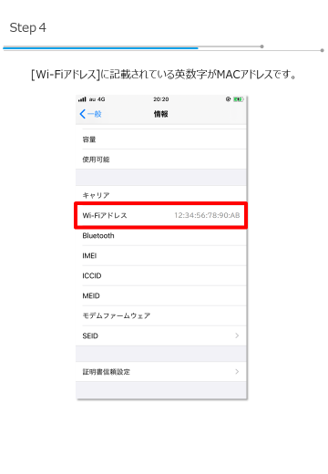 ［Wi-Fiアドレス］に記載されている英数字がMACアドレスです。